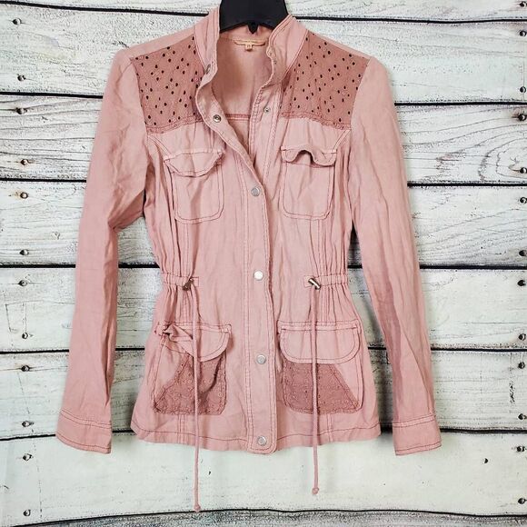 Maurices Linen Blend Utility Jacket Women’s XS Pink Eyelet Detail Pockets - Picture 1 of 8